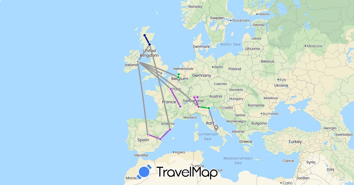 TravelMap itinerary: driving, bus, plane, train in Belgium, Switzerland, Spain, France, United Kingdom, Ireland, Italy (Europe)